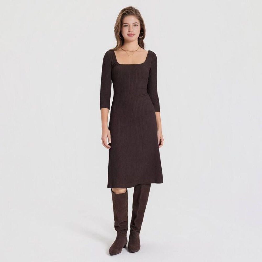 Women's 3/4 Sleeve Textured Tunic Dress - A New Day Brown M